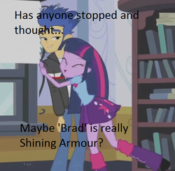 Size: 489x480 | Tagged: safe, edit, edited screencap, screencap, flash sentry, shining armor, twilight sparkle, equestria girls, g4, my little pony equestria girls, brad, conspiracy, hilarious in hindsight