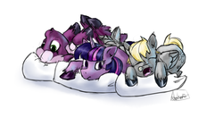 Size: 1280x720 | Tagged: safe, artist:archonix, cheerilee, derpy hooves, twilight sparkle, pegasus, pony, g4, bubble, female, hooves, mare, on back, pillow, prone, ship:cheeriderplight, snot bubble, unshorn fetlocks