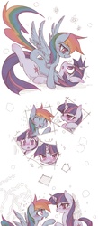 Size: 1000x2284 | Tagged: safe, artist:kolshica, rainbow dash, twilight sparkle, pegasus, pony, unicorn, g4, annoyed, bedroom eyes, blushing, comic, embarrassed, female, lesbian, looking at each other, mare, pounce, raised hoof, ship:twidash, shipping, sitting on person, sitting on pony, spread wings, surprised, talking, teary eyes, unicorn twilight, wings