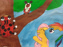 Size: 1000x750 | Tagged: safe, artist:bgkyouhen, fluttershy, rainbow dash, g4, crossover, kricketot, lediba, pokémon