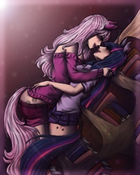 Size: 600x750 | Tagged: safe, artist:yeaka, cheerilee, twilight sparkle, human, g4, eared humanization, female, horn, horned humanization, humanized, kissing, lesbian, ship:cheerilight, shipping, tailed humanization