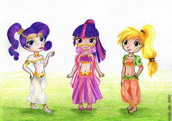 Size: 1024x716 | Tagged: safe, artist:keikowashere, applejack, rarity, twilight sparkle, human, g4, armlet, barefoot, belly button, belly dancer, belly dancer outfit, clothes, eyeshadow, feet, female, harem outfit, high ponytail, humanized, jewelry, looking at you, makeup, midriff, ponytail, see-through, traditional art, trio, trio female, veil