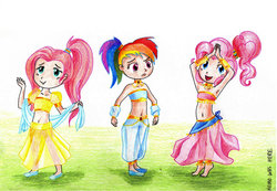 Size: 1024x709 | Tagged: safe, artist:keikowashere, fluttershy, pinkie pie, rainbow dash, human, g4, armpits, barefoot, belly button, belly dancer, belly dancer outfit, bracelet, clothes, feet, harem dancer outfit, harem outfit, high ponytail, humanized, jewelry, midriff, ponytail, see-through, traditional art, trio