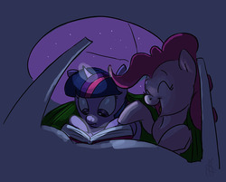 Size: 760x611 | Tagged: safe, artist:carnifex, pinkie pie, twilight sparkle, g4, blanket, book, female, laughing, lesbian, magic, night, reading, ship:twinkie, shipping