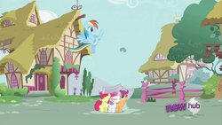 Size: 1024x576 | Tagged: safe, screencap, apple bloom, rainbow dash, scootaloo, sweetie belle, g4, ponyville confidential, cutie mark crusaders, kick