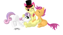 Size: 2500x1394 | Tagged: safe, artist:shoroch, apple bloom, scootaloo, sweetie belle, earth pony, pegasus, pony, unicorn, g4, cheek kiss, cutie mark crusaders, dapper, dapper bloom, filly, hat, kissing, monocle, simple background, top hat, white background