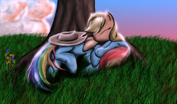 Size: 1700x1000 | Tagged: safe, artist:leyanor, applejack, rainbow dash, g4, female, lesbian, ship:appledash, shipping, sleeping, snuggling