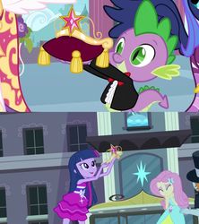 Size: 960x1080 | Tagged: safe, edit, edited screencap, screencap, fluttershy, spike, twilight sparkle, equestria girls, g4, magical mystery cure, my little pony equestria girls, big crown thingy, bowtie, clothes, coronation dress, crown, dress, fall formal outfits, ruffled shirt, suit, tailcoat, tuxedo