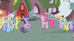 Size: 672x378 | Tagged: safe, screencap, amethyst star, carrot top, diamond mint, drizzle, golden harvest, lemony gem, parasol, pinkie pie, sea swirl, seafoam, serena, sparkler, twilight sparkle, earth pony, pony, unicorn, g4, season 1, the ticket master, animated, blinking, door, eyes, female, looking at you, mare, on back, out of context, reversed, sitting, unicorn twilight