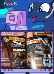 Size: 563x771 | Tagged: safe, princess luna, gamer luna, g4, ace attorney, dual destinies, exploitable meme, japanese, magazine, meme, miles edgeworth, phoenix wright, trucy wright, tv meme