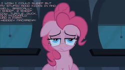 Size: 674x378 | Tagged: safe, edit, edited screencap, screencap, pinkie pie, cow, duck, earth pony, pony, sheep, turtle, g4, adhd, adhd pinkie, babycakes, compulsion, exhausted, female, headcanon, mare, neurodivergent, neurodivergent headcanon, sleepy, tired