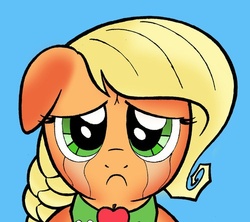 Size: 500x444 | Tagged: safe, artist:creamygravy, applejack, g4, alternate hairstyle, ask-diamond-rarity, crying, female, sad, solo, tumblr, unhapplejack