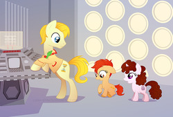 Size: 855x579 | Tagged: safe, artist:lissystrata, doctor whooves, time turner, earth pony, pony, unicorn, g4, age regression, crossover, cute, doctor who, female, fifth doctor, filly, foal, frock coat, mawdryn undead, nyssa, nyssa of traken, ponified, tardis, tardis console room, tardis control room, tegan, tegan jovanka, the doctor