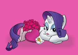 Size: 1280x905 | Tagged: safe, artist:creamygravy, applejack, rarity, g4, ask-diamond-rarity, female, lipstick, prone, rose, ship:rarijack, shipping, solo, valentine's day