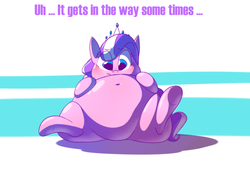 Size: 1280x880 | Tagged: safe, artist:secretgoombaman12345, diamond tiara, earth pony, pony, ask chubby diamond, g4, belly, belly button, blushing, chubby diamond, cute, fat, female, filly, morbidly obese, obese, on back, solo