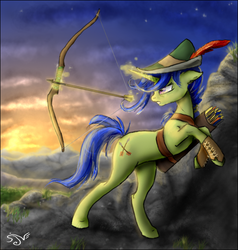 Size: 553x582 | Tagged: safe, artist:pygmygoatofdoom, oc, oc only, arrow, bow (weapon), bow and arrow, feather, hat, magic, robin hood, weapon