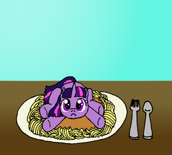 Size: 1000x900 | Tagged: safe, artist:merkleythedrunken, twilight sparkle, pony, unicorn, g4, female, food, fork, mare, person as food, solo, spaghetti, spoon