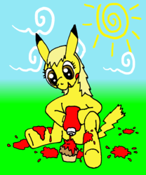 Size: 1000x1200 | Tagged: safe, artist:merkleythedrunken, derpy hooves, hybrid, pegasus, pikachu, poképony, pony, g4, crossover, crossover fusion, fusion, hybrid fusion, ketchup, muffin, pokémon, solo, wat