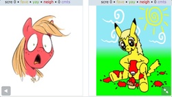 Size: 1136x640 | Tagged: safe, artist:burrburro, artist:merkleythedrunken, big macintosh, derpy hooves, earth pony, hybrid, pegasus, pikachu, poképony, pony, g4, crossover, crossover fusion, exploitable meme, food, fusion, hybrid fusion, juxtaposition, juxtaposition win, ketchup, male, muffin, pokémon, sauce, stallion