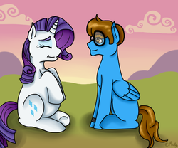 Size: 1200x1000 | Tagged: safe, artist:muketti, rarity, oc, pegasus, pony, g4, canon x oc, eyes closed, glasses, pregnant, sitting, smiling