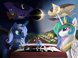 Size: 2048x1536 | Tagged: safe, artist:yakovlev-vad, princess celestia, princess luna, alicorn, pony, g4, airship, chess, contrast, eclipse, fight, s1 luna