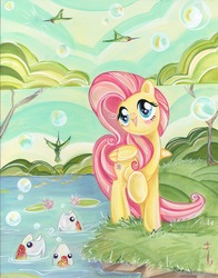 Size: 1252x1600 | Tagged: safe, artist:sara richard, fluttershy, bird, fish, hummingbird, g4, bubble, traditional art, water