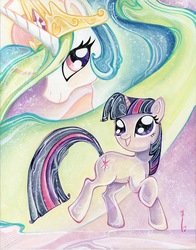 Size: 1255x1600 | Tagged: safe, artist:sara richard, princess celestia, twilight sparkle, g4, traditional art