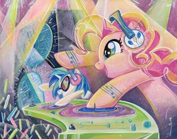 Size: 1600x1252 | Tagged: safe, artist:sara richard, dj pon-3, pinkie pie, vinyl scratch, g4, color porn, disc jockey, duo, rave, traditional art, turntable