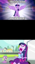 Size: 1248x2314 | Tagged: safe, artist:grievousfan, edited screencap, screencap, spike, twilight sparkle, dog, equestria girls, g4, magical mystery cure, my little pony equestria girls, my little pony: friendship is magic, alicorn drama, comic, equestria girls drama, exploitable meme, image macro, meme, screencap comic, spike the dog, this isn't even my final form, twilight sparkle (alicorn), twiscream