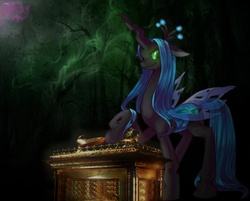 Size: 951x764 | Tagged: safe, artist:mylittlesentry, artist:zanthu, edit, queen chrysalis, changeling, changeling queen, g4, ark of the covenant, crown, female, indiana jones, jewelry, raiders of the lost ark, regalia, this will end in death