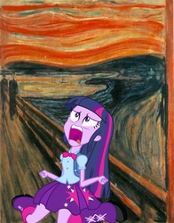 Size: 1400x1784 | Tagged: safe, twilight sparkle, equestria girls, g4, my little pony equestria girls, edvard munch, exploitable meme, female, fine art parody, screaming, solo, the scream, twiscream