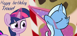 Size: 638x300 | Tagged: safe, artist:ponypie, trixie, twilight sparkle, g4, birthday, hat, party hat