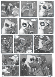 Size: 1142x1600 | Tagged: safe, artist:crookedtrees, gilda, rainbow dash, griffon, pegasus, pony, g4, blushing, christmas, cloud, comic, crying, duo, duo female, female, good end, hat, holiday, hug, lesbian, looking at each other, mare, monochrome, present, santa hat, ship:gildash, shipping, snow, snowfall, winter