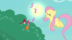 Size: 854x480 | Tagged: safe, screencap, constance, fluttershy, bird, pegasus, pony, songbird, dragonshy, g4, animated, blushing, cute, eating, feeding, female, flying, mare, spit, spitting, sun, worms