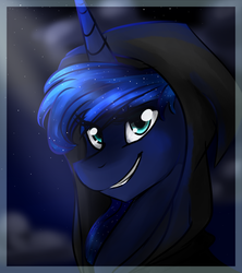 Size: 800x900 | Tagged: safe, artist:oscarina1234, princess luna, g4, cloak, clothes, female, grin, night, portrait, solo