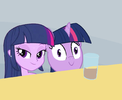 Size: 550x451 | Tagged: safe, twilight sparkle, equestria girls, g4, chocolate milk, double trouble, exploitable meme, funny, meme, spill, spilled milk, square crossover, xk-class end-of-the-world scenario