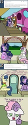 Size: 500x2250 | Tagged: safe, artist:scramjet747, fiddlesticks, sweetie belle, earth pony, pony, robot, robot pony, unicorn, g4, apple family member, blank flank, clothes, comic, female, filly, floppy ears, foal, future sweetie bot, hat, hooves, horn, mare, older, open mouth, saddle bag, self ponidox, sitting, solo, standing, sweetie bot, sweetie bot replies, talking
