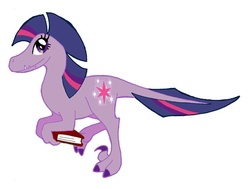 Size: 587x443 | Tagged: safe, artist:ironychan, twilight sparkle, dinosaur, velociraptor, g4, book, dinosaurified, female, looking back, simple background, solo, species swap, white background