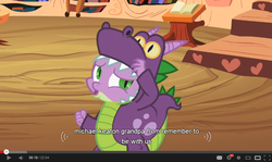 Size: 854x510 | Tagged: safe, screencap, spike, g4, luna eclipsed, my little pony: friendship is magic, clothes, costume, dragon costume, dragonception, nightmare night costume, youtube caption