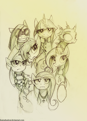 Size: 732x1017 | Tagged: safe, artist:foxinshadow, applejack, fluttershy, pinkie pie, rainbow dash, rarity, twilight sparkle, changeling, robot, g4, clothes, fanfic, fanfic art, futuristic, goggles, mane six, mass effect