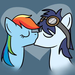 Size: 700x700 | Tagged: safe, artist:theshadowartist100, rainbow dash, soarin', g4, alternate hairstyle, eyes closed, female, goggles, heart, kissing, male, ship:soarindash, shipping, straight