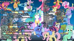 Size: 1600x900 | Tagged: safe, apple bloom, applejack, babs seed, berry punch, berryshine, blues, bon bon, carrot top, derpy hooves, diamond tiara, dinky hooves, discord, dj pon-3, fluttershy, golden harvest, king sombra, lyra heartstrings, noteworthy, octavia melody, pinkie pie, princess cadance, princess celestia, princess luna, queen chrysalis, rainbow dash, rarity, scootaloo, shining armor, silver spoon, spike, sweetie belle, sweetie drops, tom, trixie, twilight sparkle, vinyl scratch, g4, birthday game, cutie mark crusaders, exploitable meme, mane seven, mane six, meme