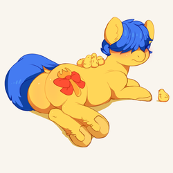 Size: 1241x1241 | Tagged: safe, artist:zonkpunch, oc, oc only, oc:lemonpuffs, chicken, pony, bhm, butt, chick, chubby, dock, fat, plot, plump, pun, tail, tail aside, underhoof