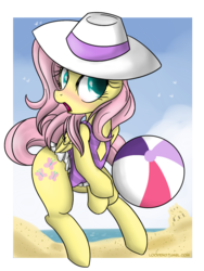 Size: 900x1200 | Tagged: safe, artist:pijinpyon, fluttershy, pegasus, pony, g4, ball, beach, beach ball, blushing, clothes, cloud, cute, female, hat, mare, one-piece swimsuit, open mouth, sand, sandcastle, shyabetes, sky, solo, spandex, swimsuit, water