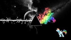 Size: 1360x768 | Tagged: safe, rainbow dash, bird, g4, female, lightning, moon, pink floyd, rainbow, solo, stars, the dark side of the moon, triangle, wallpaper