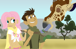 Size: 1024x660 | Tagged: dead source, safe, artist:skyfall00silva, fluttershy, giraffe, human, pegasus, pony, g4, big lips, chris kratt, crossover, humanized, lips, pink hair, savanna, style emulation, wild kratts