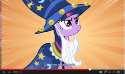 Size: 854x510 | Tagged: safe, screencap, star swirl the bearded, twilight sparkle, g4, luna eclipsed, clothes, cosplay, costume, cute, nightmare night costume, star swirl the bearded costume, twilight the bearded, youtube caption