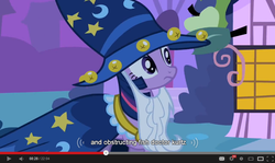 Size: 854x510 | Tagged: safe, screencap, star swirl the bearded, twilight sparkle, g4, luna eclipsed, clothes, cosplay, costume, nightmare night costume, star swirl the bearded costume, twilight the bearded, youtube caption