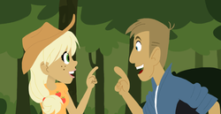 Size: 900x463 | Tagged: dead source, safe, artist:skyfall00silva, applejack, human, g4, blonde, blonde hair, clothes, cowboy hat, crossover, cutie mark on clothes, freckles, hat, humanized, martin kratt, shirt, wild kratts