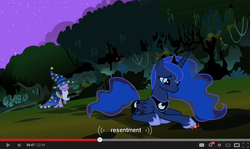 Size: 854x510 | Tagged: safe, screencap, princess luna, star swirl the bearded, twilight sparkle, g4, luna eclipsed, candy, clothes, cosplay, costume, nightmare night costume, star swirl the bearded costume, twilight the bearded, youtube caption
